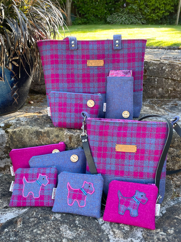 Blue and pink harris tweed check tote bag, shoulder bag, cosmetic cases, purses and glasses case