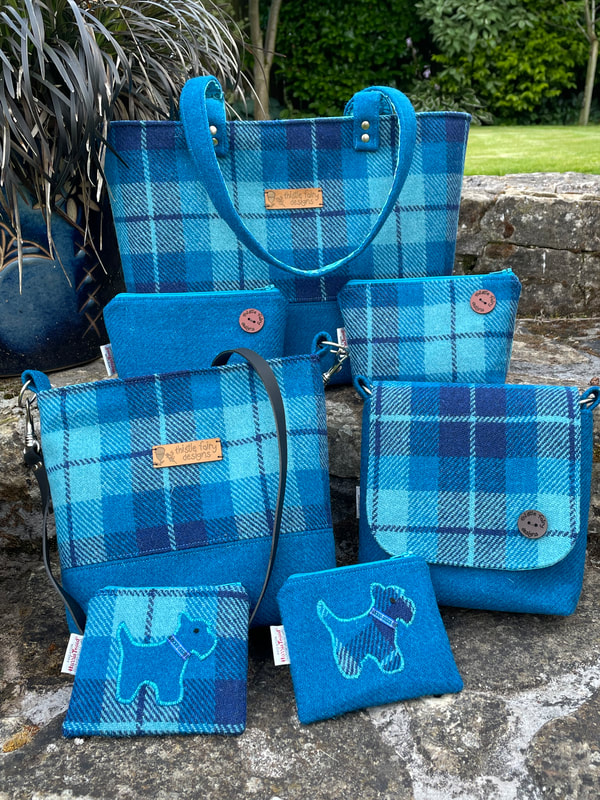 Blue and turquoise harris tweed check tote bag, shoulder bag, cosmetic cases, purses and glasses case