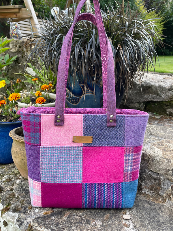Tote bag made from patchwork squares of limited edition harris tweed